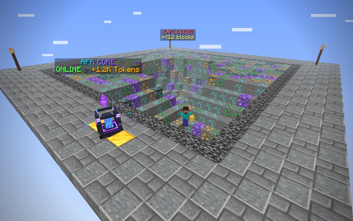 Prisons: a deep private mine with an Explosive crater and the AFK Core