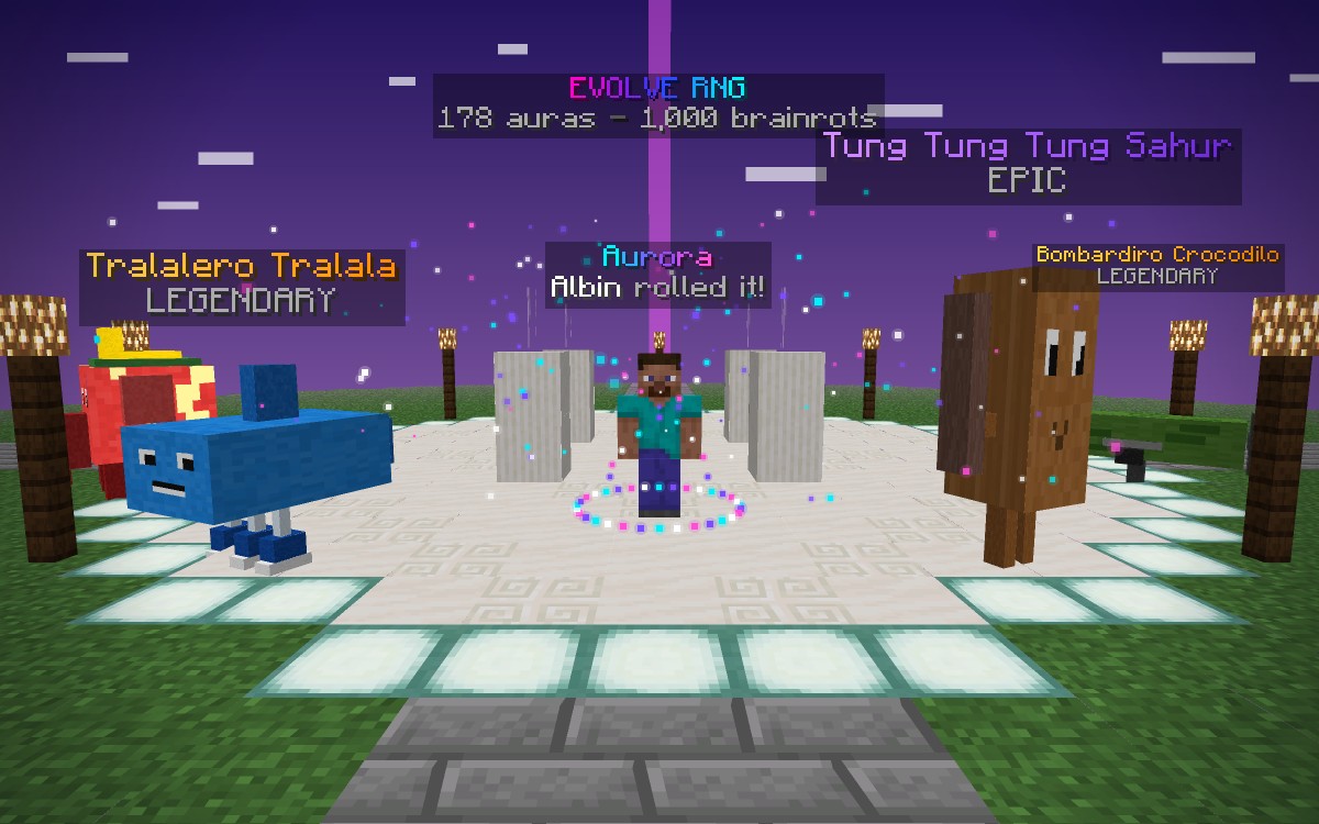 Brainrot RNG: a player with a fresh Aurora aura at the Roll Altar, brainrots around