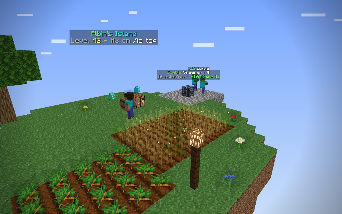 Skyblock: an island with wheat and carrot farms, a zombie spawner and pets